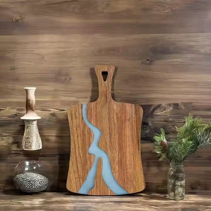 Epoxy resin river chopping blocks fan-shaped acacia wood art epoxy resin cutting board with handle