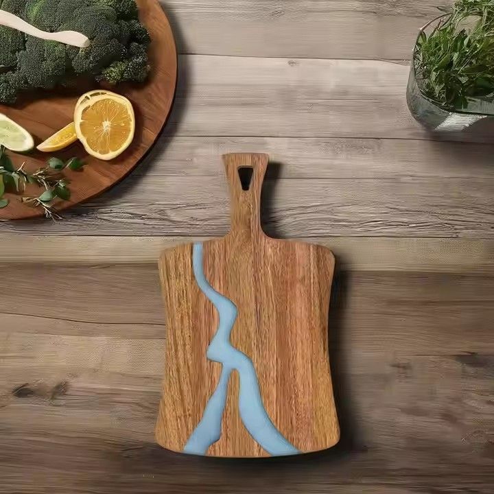 Epoxy resin river chopping blocks fan-shaped acacia wood art epoxy resin cutting board with handle