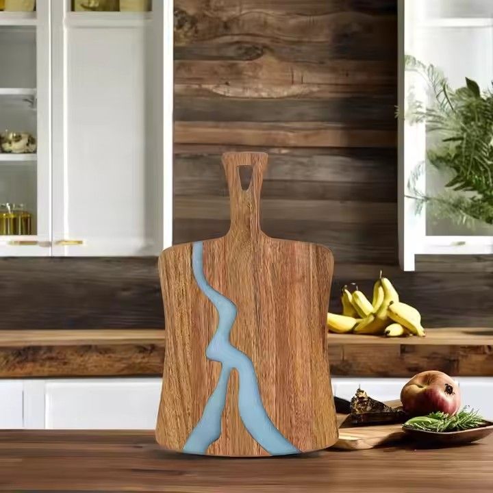 Epoxy resin river chopping blocks fan-shaped acacia wood art epoxy resin cutting board with handle