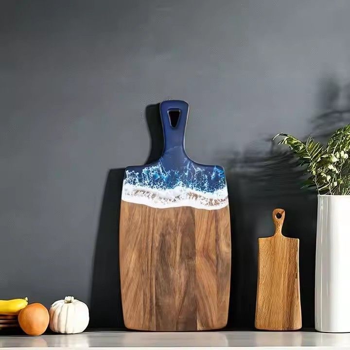 Acacia wood resin wave cheese board with handle chopping blocks blue ocean homemade resin cutting board for sale