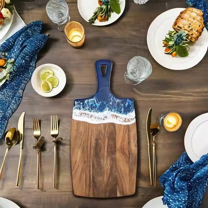 Acacia wood resin wave cheese board with handle chopping blocks blue ocean homemade resin cutting board for sale