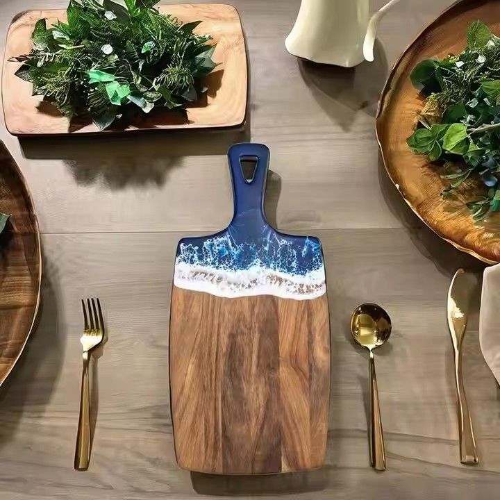 Acacia wood resin wave cheese board with handle chopping blocks blue ocean homemade resin cutting board for sale