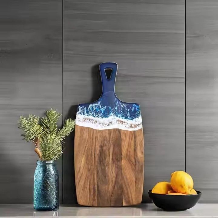 Acacia wood resin wave cheese board with handle chopping blocks blue ocean homemade resin cutting board for sale