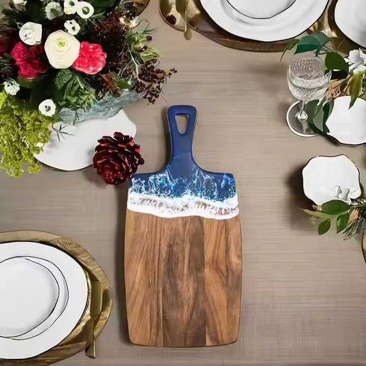 Acacia wood resin wave cheese board with handle chopping blocks blue ocean homemade resin cutting board for sale