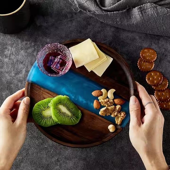 Round epoxy resin and black walnut wood tray restaurant bar home decor wooden decorative serving tray