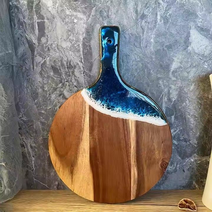 Acacia wood and epoxy resin cheese board with handle double-sided home kitchen resin cutting board