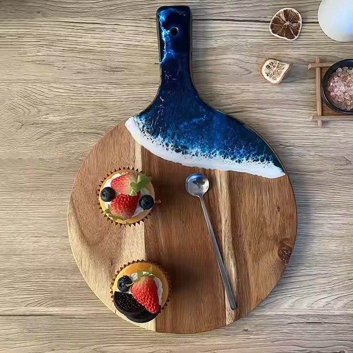 Acacia wood and epoxy resin cheese board with handle double-sided home kitchen resin cutting board