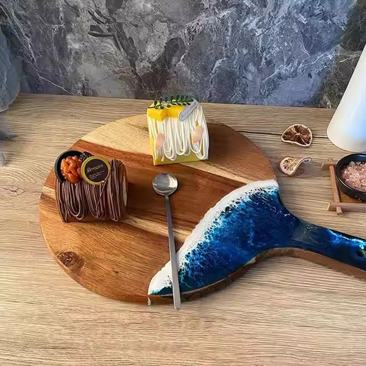 Acacia wood and epoxy resin cheese board with handle double-sided home kitchen resin cutting board