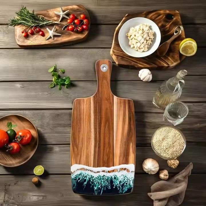 Unique kitchen accessory ocean beach cheese board acacia wood chopping blocks art epoxy resin cutting board with handle