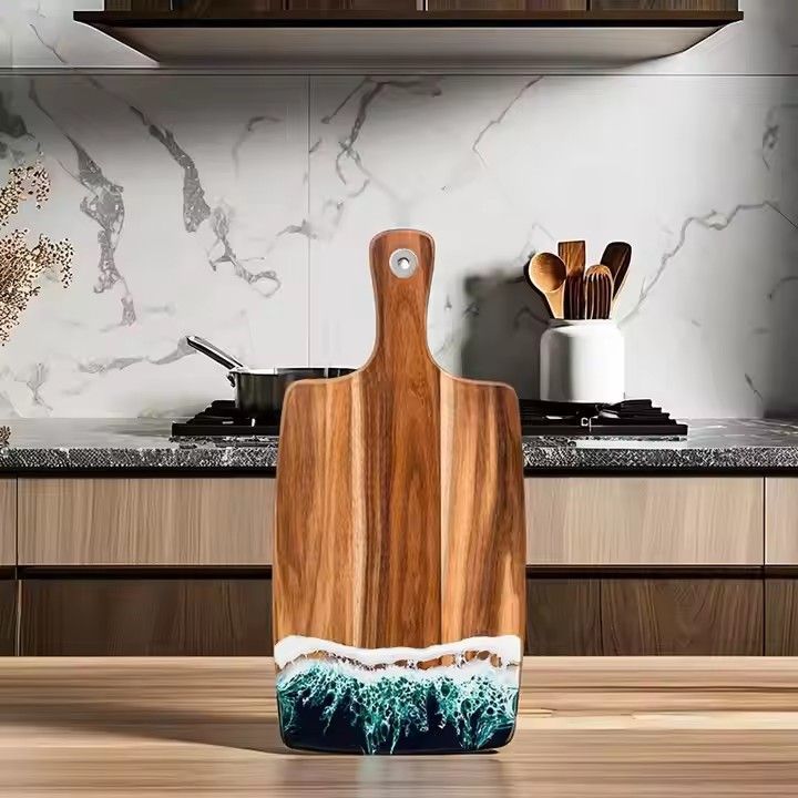 Unique kitchen accessory ocean beach cheese board acacia wood chopping blocks art epoxy resin cutting board with handle