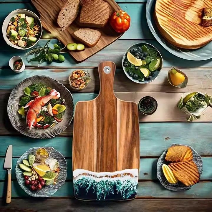 Unique kitchen accessory ocean beach cheese board acacia wood chopping blocks art epoxy resin cutting board with handle