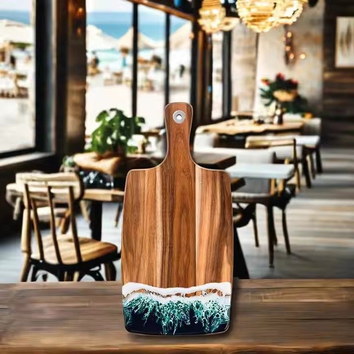 Unique kitchen accessory ocean beach cheese board acacia wood chopping blocks art epoxy resin cutting board with handle