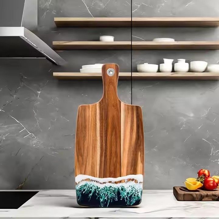 Unique kitchen accessory ocean beach cheese board acacia wood chopping blocks art epoxy resin cutting board with handle