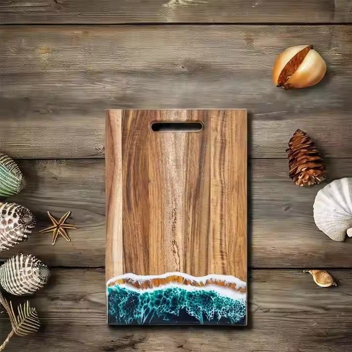 Wholesale acacia wood and epoxy resin breakfast board green ocean wave wooden resin chopping board