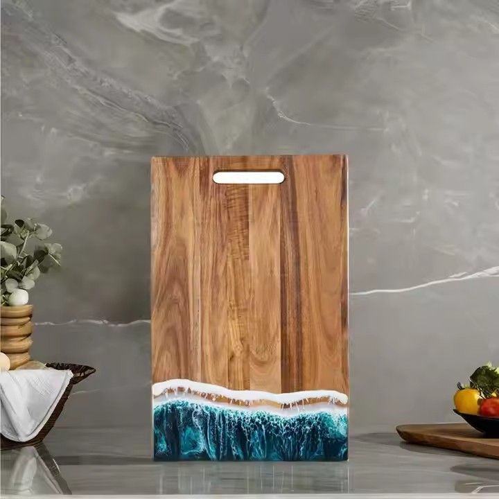 Wholesale acacia wood and epoxy resin breakfast board green ocean wave wooden resin chopping board