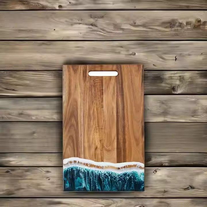 Wholesale acacia wood and epoxy resin breakfast board green ocean wave wooden resin chopping board