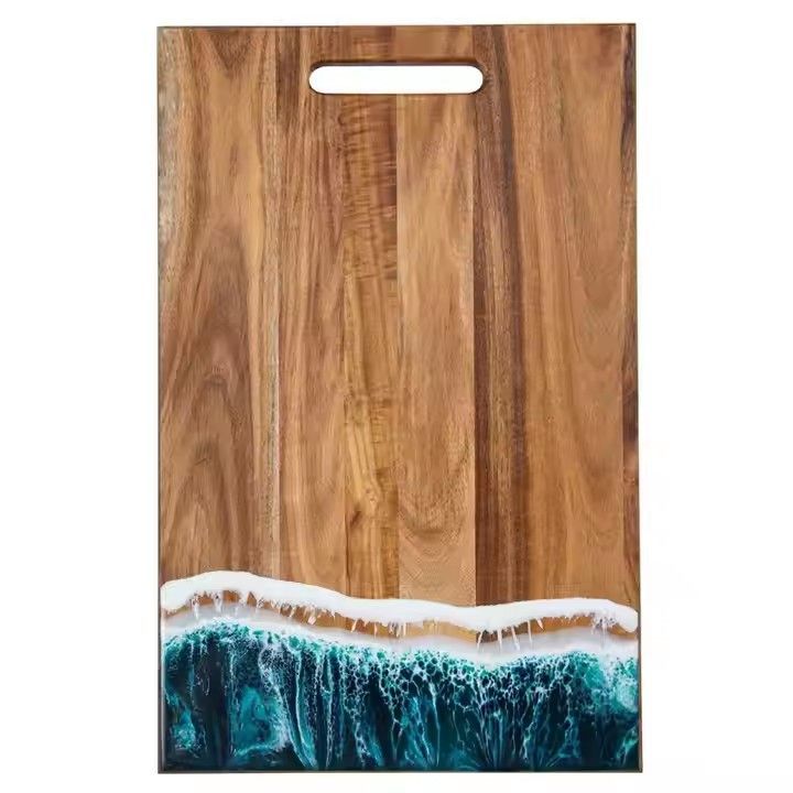 Wholesale acacia wood and epoxy resin breakfast board green ocean wave wooden resin chopping board