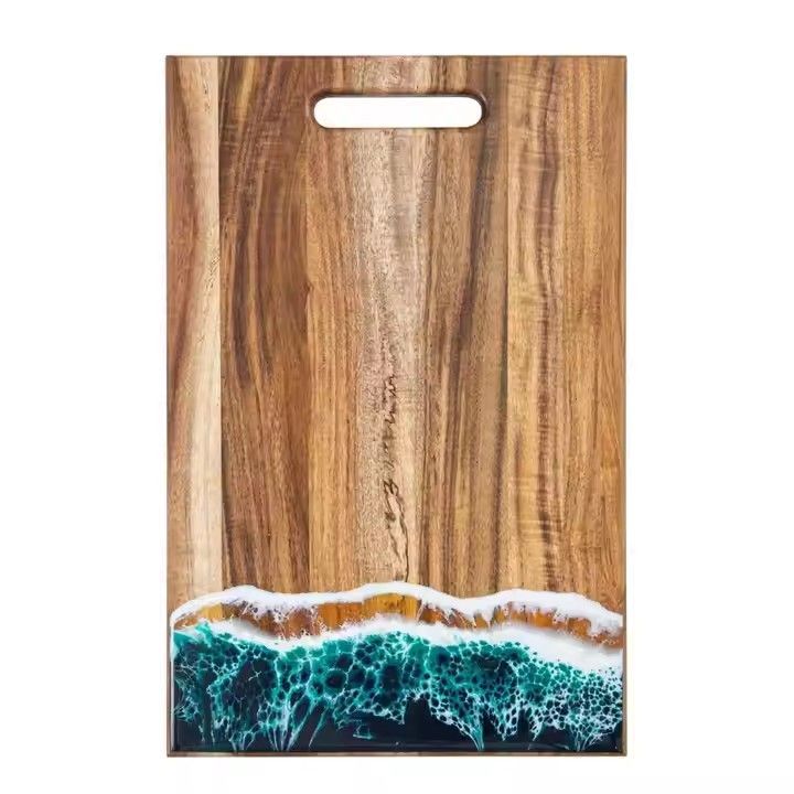 Wholesale acacia wood and epoxy resin breakfast board green ocean wave wooden resin chopping board