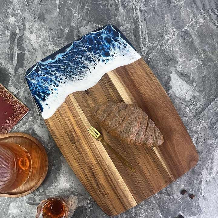 Custom acacia wood kitchen serving board popular friendly sea ocean wave resin cutting charcuterie board