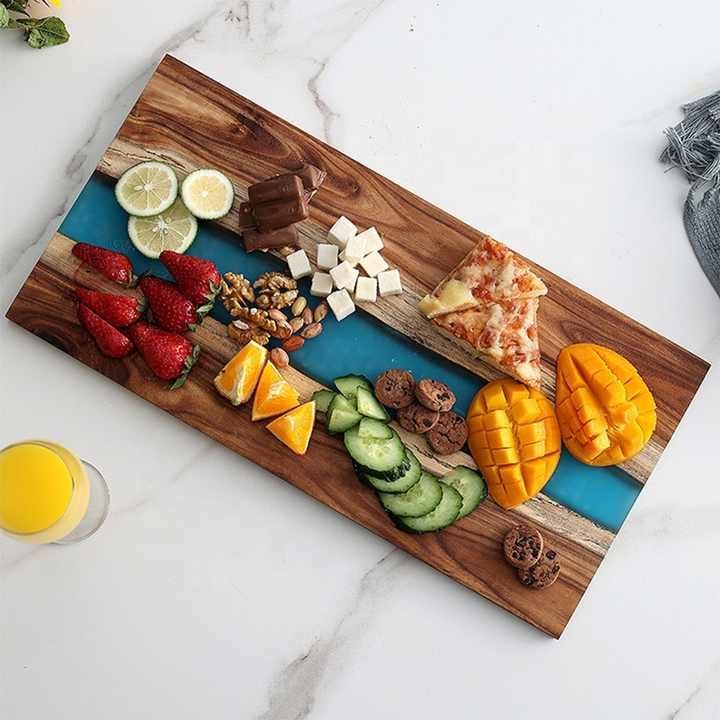 Wholesale steak bread board blue epoxy resin cutting board acacia wood resin serving board