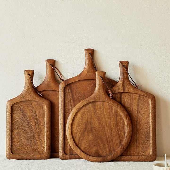 Modern Acacia Wood Pizza Board Solid round and Square Walnut Wood Steak Plate for Restaurant western food Serving