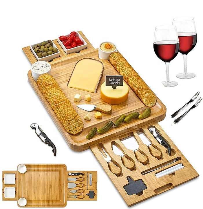 Housewarming party bamboo cheese board and knife sets wooden chopping charcuterie cutting board platter with cutlery