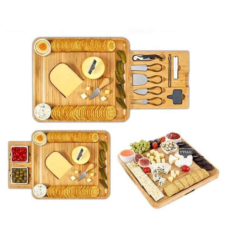 Housewarming party bamboo cheese board and knife sets wooden chopping charcuterie cutting board platter with cutlery