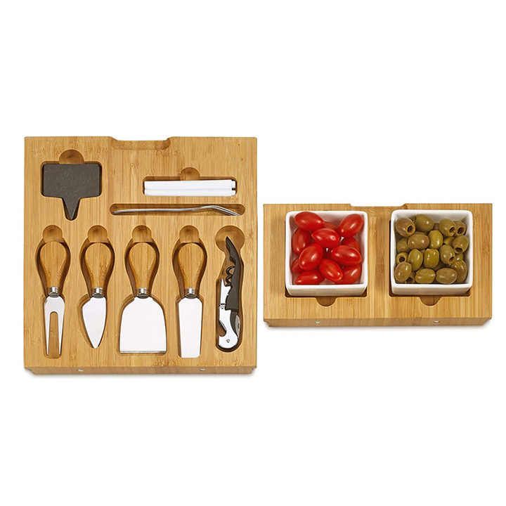 Housewarming party bamboo cheese board and knife sets wooden chopping charcuterie cutting board platter with cutlery