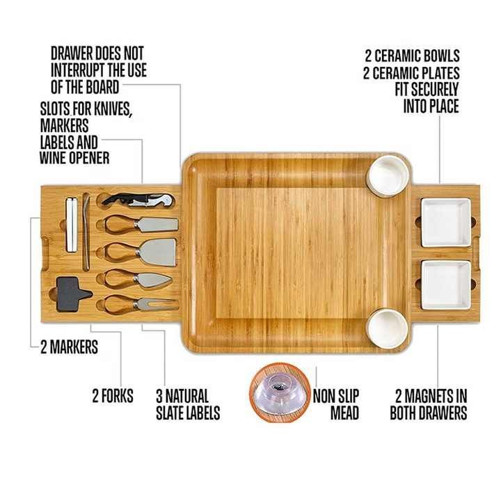 Housewarming party bamboo cheese board and knife sets wooden chopping charcuterie cutting board platter with cutlery