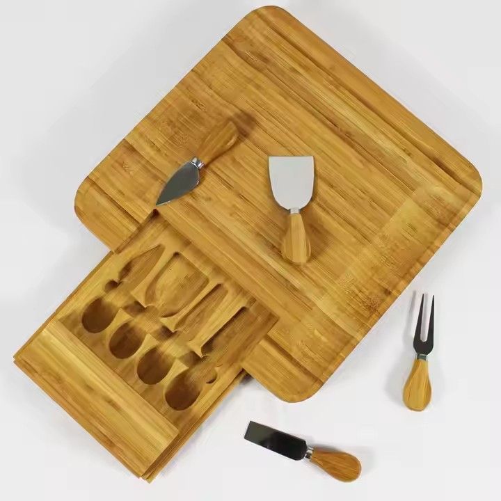 Hot sale tableware natural bamboo cheese cutting board and knife set with drawer