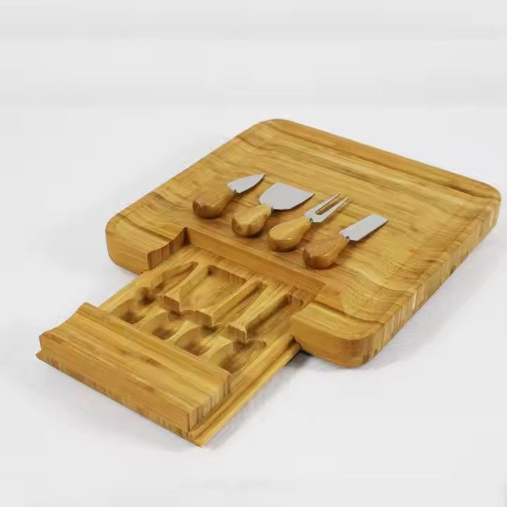 Hot sale tableware natural bamboo cheese cutting board and knife set with drawer