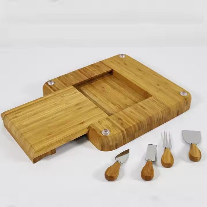 Hot sale tableware natural bamboo cheese cutting board and knife set with drawer