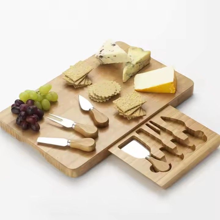 Hot sale tableware natural bamboo cheese cutting board and knife set with drawer