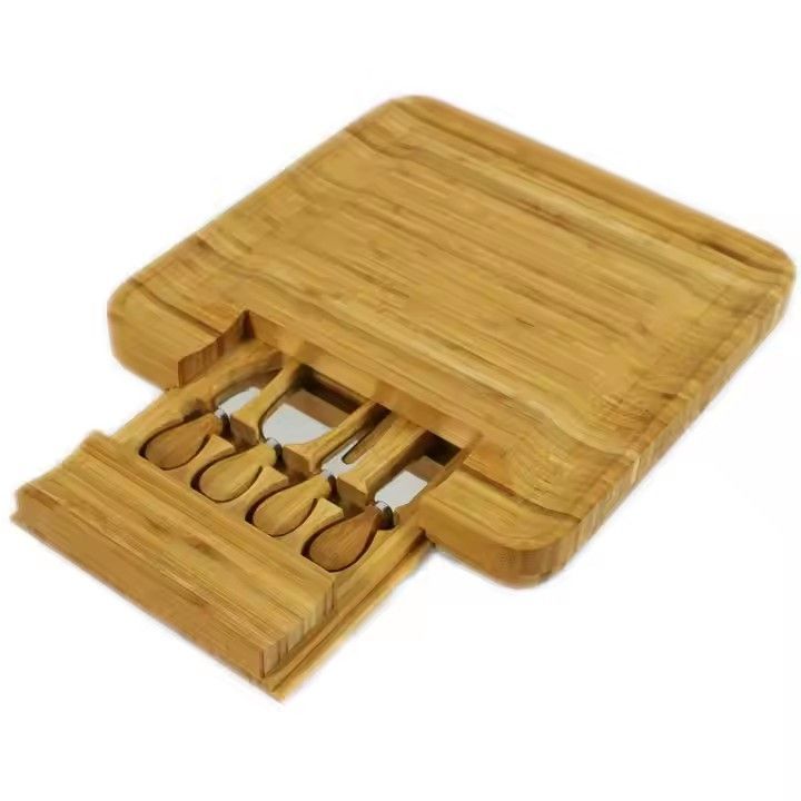 Hot sale tableware natural bamboo cheese cutting board and knife set with drawer