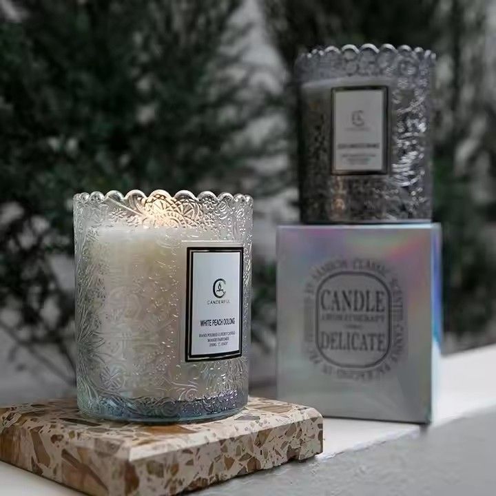 Romantic round candles scented luxury delicate embossed glass jar senior plant scented candles gift set