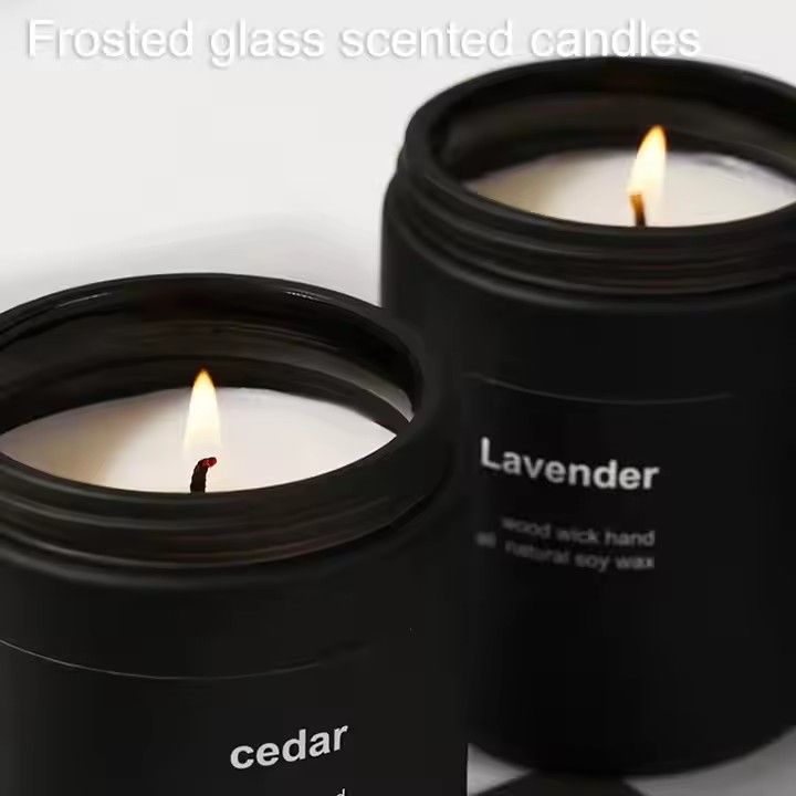 Customized logo frosted glass scented soy candles & home fragrance vanilla candle in black jar