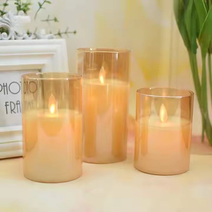 Swing glass flameless candles battery operated electric led pillar real wax candles for home decor