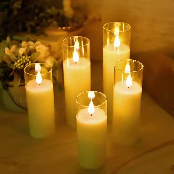 Warm light pillar candles battery operated rechargeable home decoration white 3d led glass candle