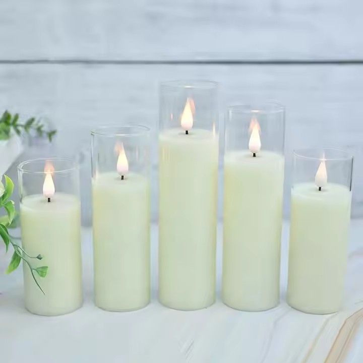 Warm light pillar candles battery operated rechargeable home decoration white 3d led glass candle