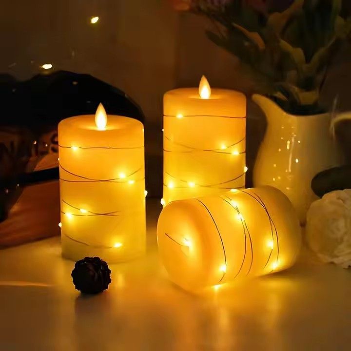 Romantic remote control led candle with embedded string lights dancing flame led candles