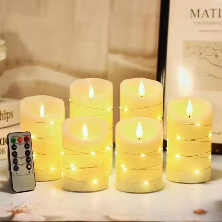 Flameless paraffin candle pillar remote control embedded string lights led electronic candles