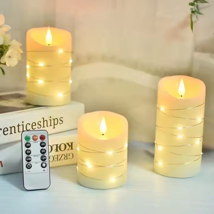 Flameless paraffin candle pillar remote control embedded string lights led electronic candles