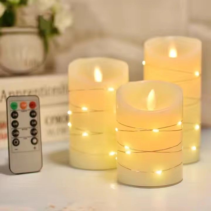 Flameless paraffin candle pillar remote control embedded string lights led electronic candles