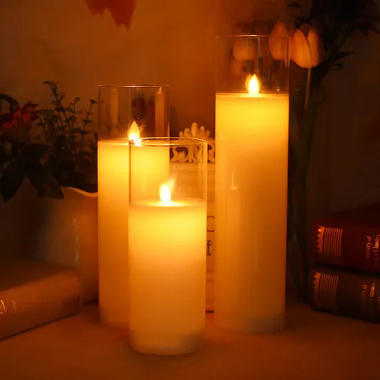 Flameless Pillar Candle in Glass Jar Wedding Home Decoration White Glass LED Pillar Candles