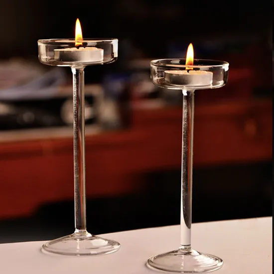 Nordic Clear Borosilicate Glass Candlestick Long Stem with Cylinder Cup Votive Hand Blown Glass Candle Holders for Wedding Decor