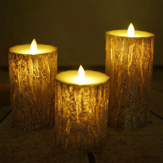 Wedding Party Christmas Candles Pine Bark Flickering LED Candle Lights with Remote