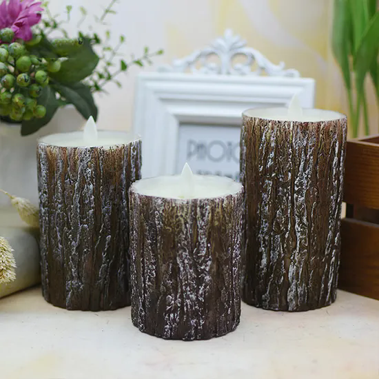 Wedding Party Christmas Candles Pine Bark Flickering LED Candle Lights with Remote