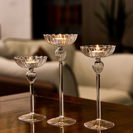 Wholesale Handmade Glass Long Stem Candlestick Holder for Candlelight Dinner Table Decoration