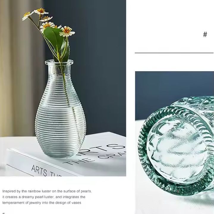 Creative large bore relief glass vase for wedding decoration with white cylindrical small glass vase