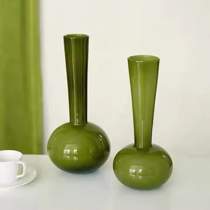 Glass Vase Olive Green French Hand Art Vase Living Room Table Longneck GLASS Vase